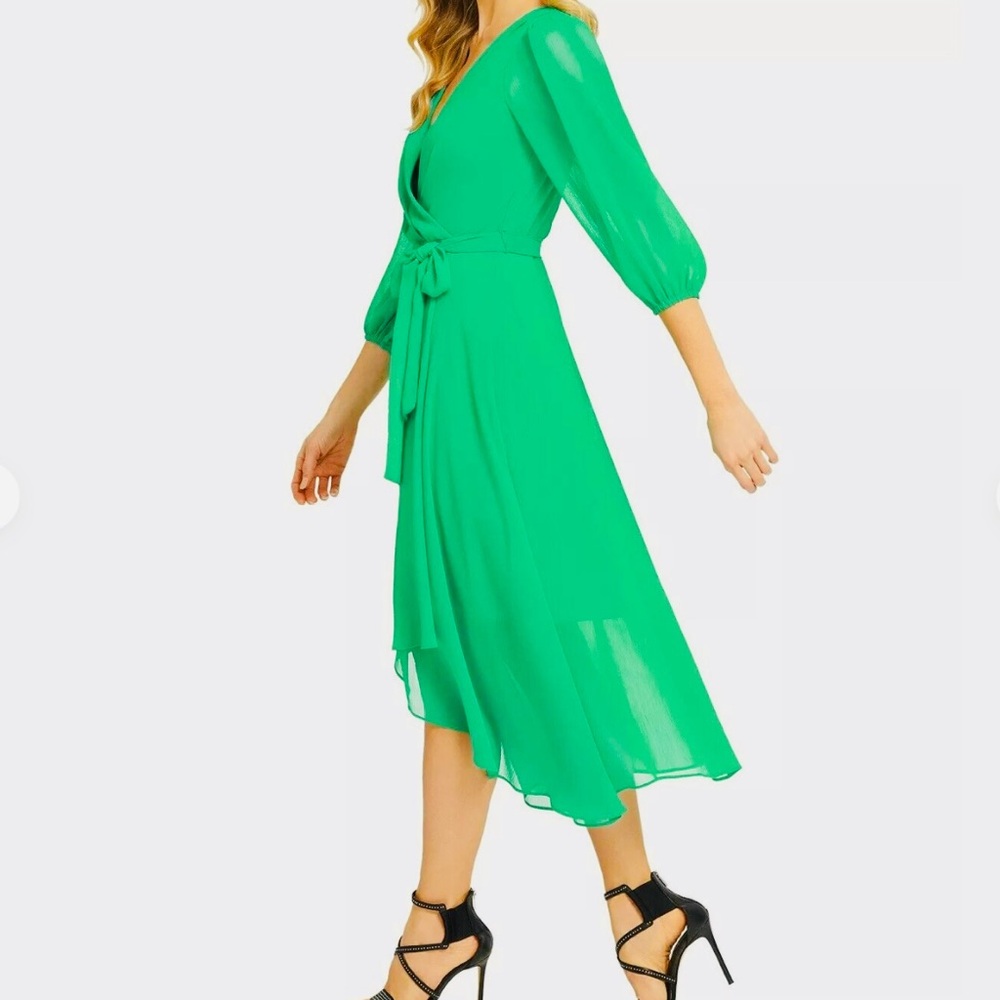 DKNY Dress Chiffon Faux-Wrap VNeck Balloon Slv Bright Apple Green Sz 16 - Picture 8 of 13